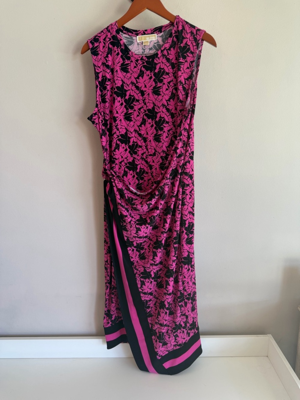 Michael Kors Cerise Pink Black Tropical Leaf Ring Drape Midi Dress XL NWT